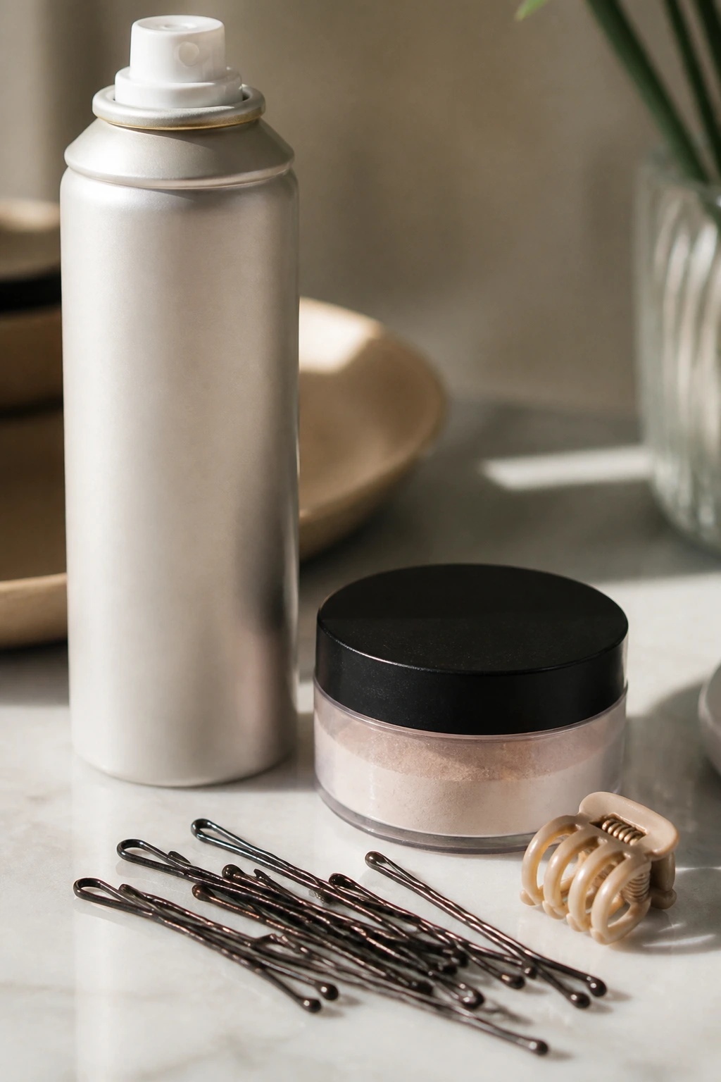 Close-up of unmarked hair products and pins for short updos