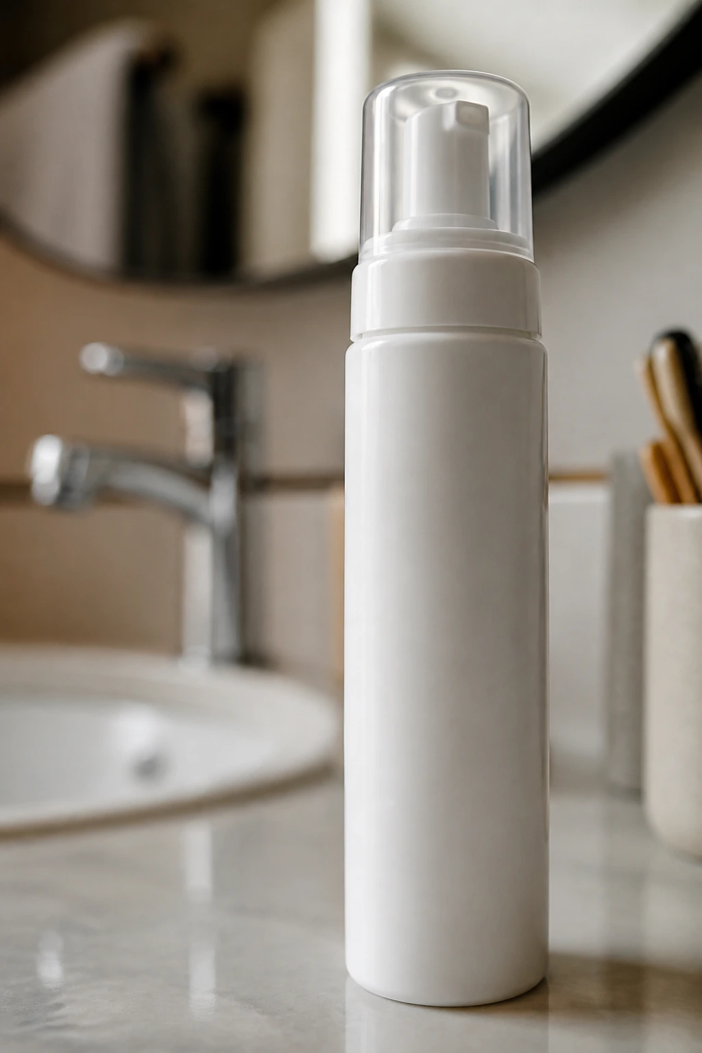 Macro close-up of a label-free spray bottle for hair texture on a bathroom counter