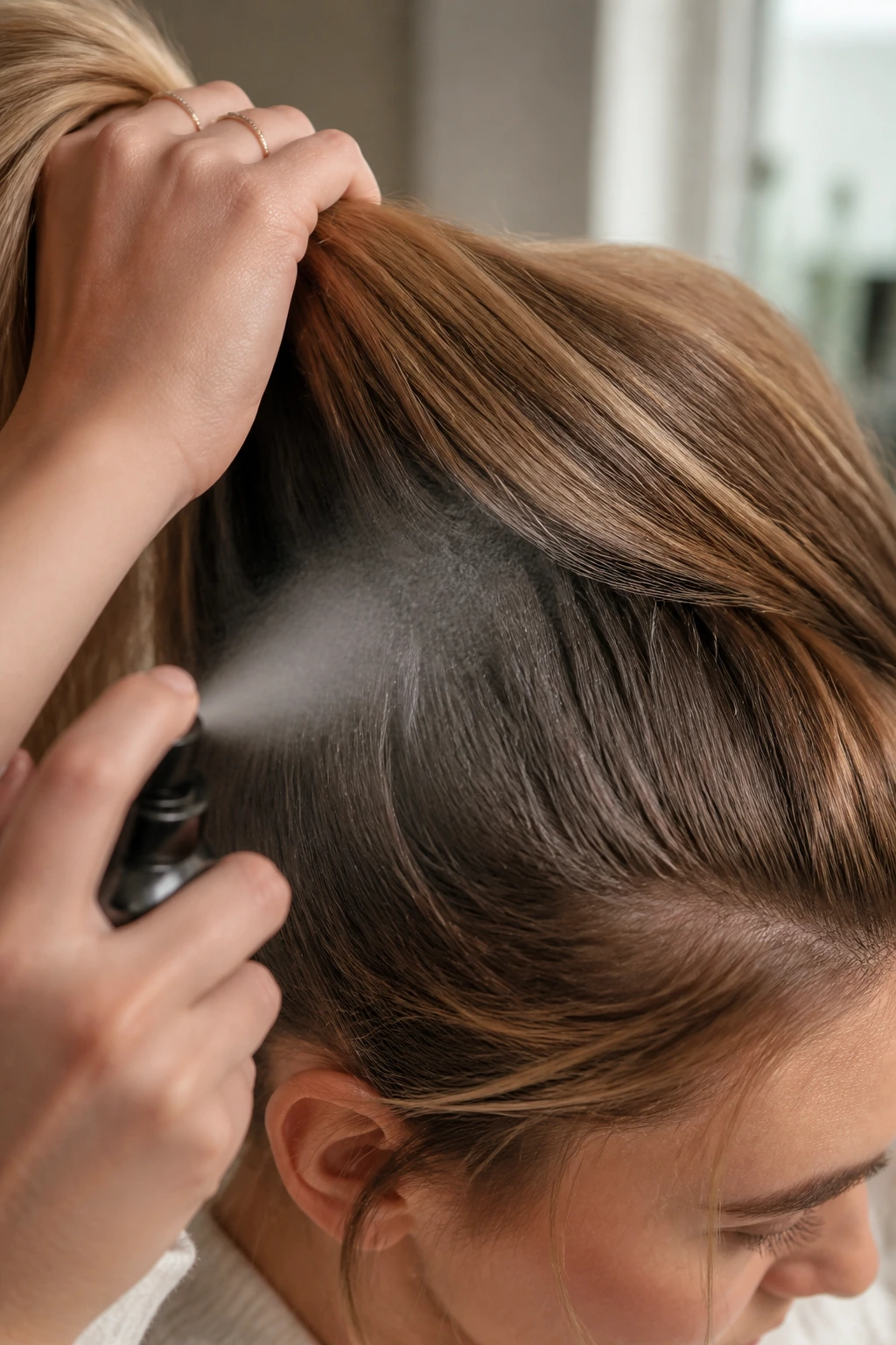 Close-up of crown area with texture spray at roots to add lift to ponytail