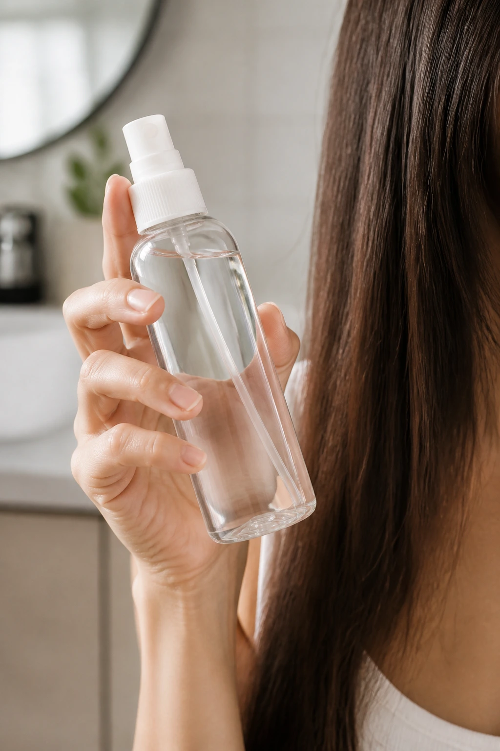 Hand holding unlabeled spray bottle for hair in a bright bathroom