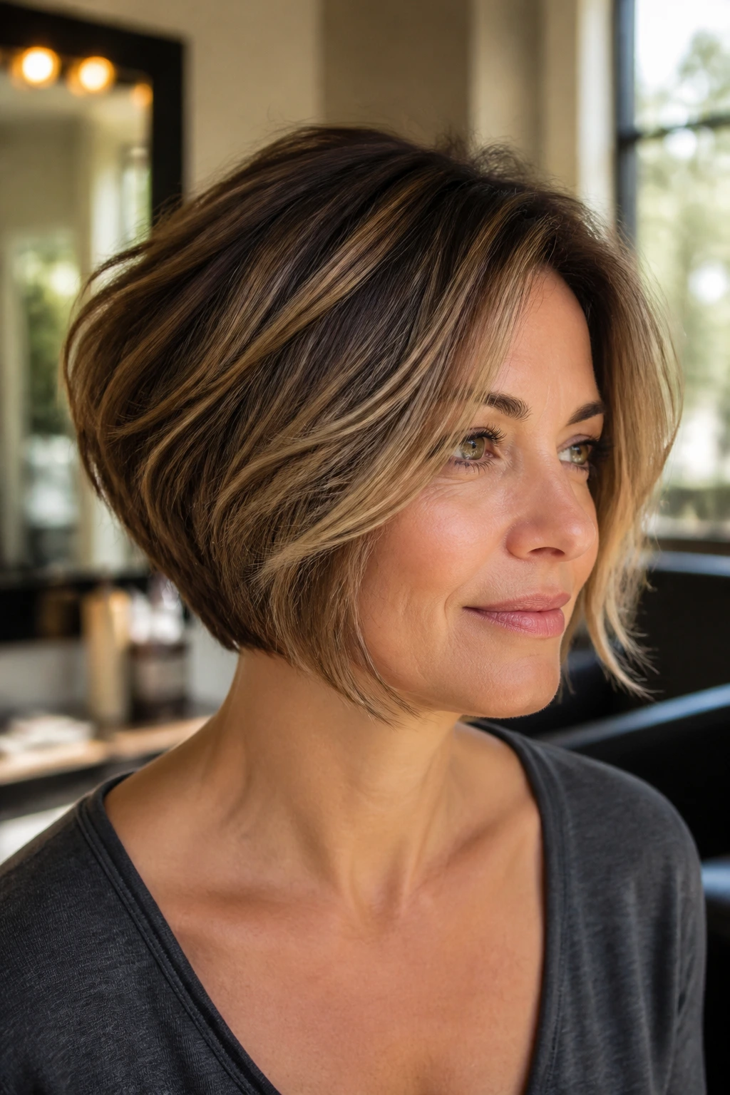 Real person with textured stacked bob in a cozy salon