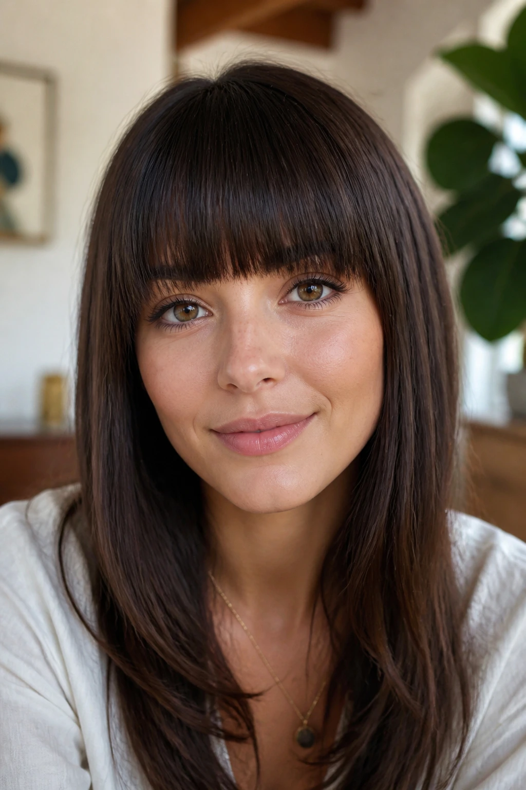 Close-up portrait showing straight fringe texture on a real person