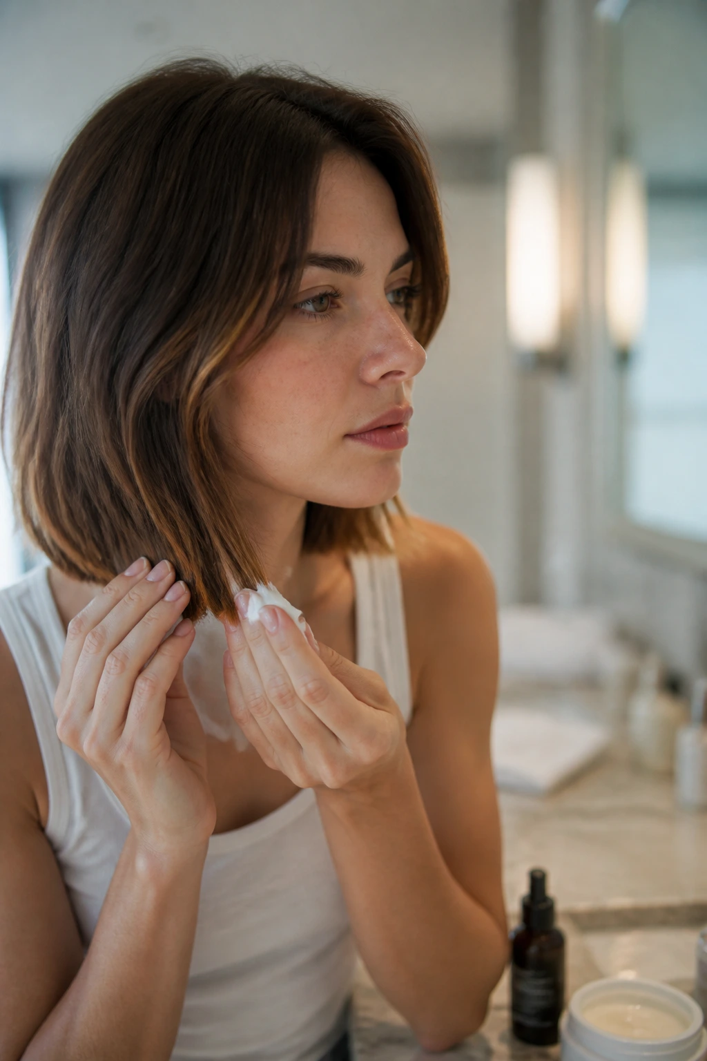 Person applying styling cream to ends of a blunt lob