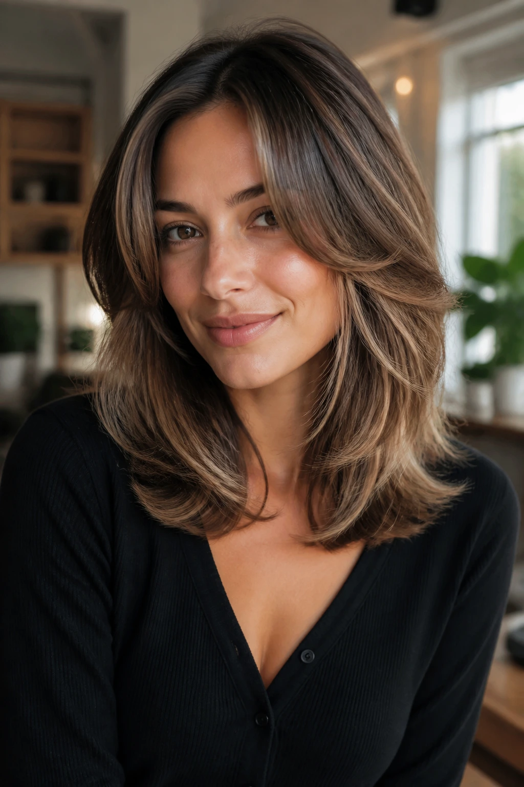 Real person with feathered hair showing texture variations