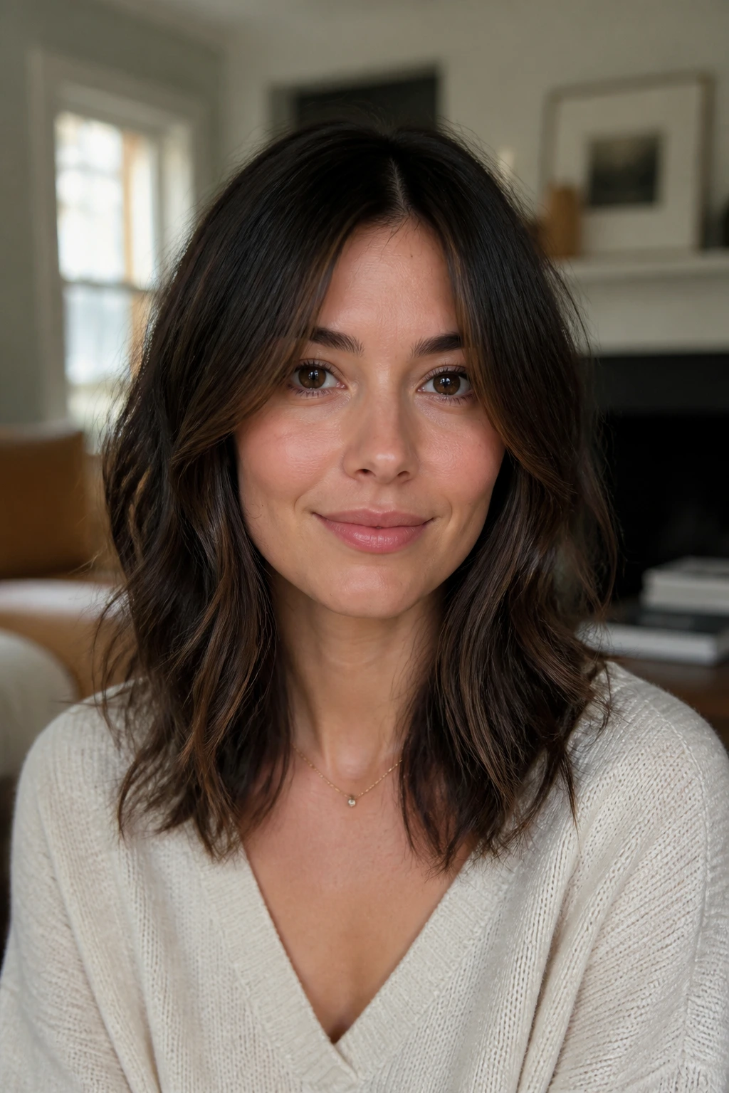 Close-up portrait of a real person with wavy hair and longer layers in soft light