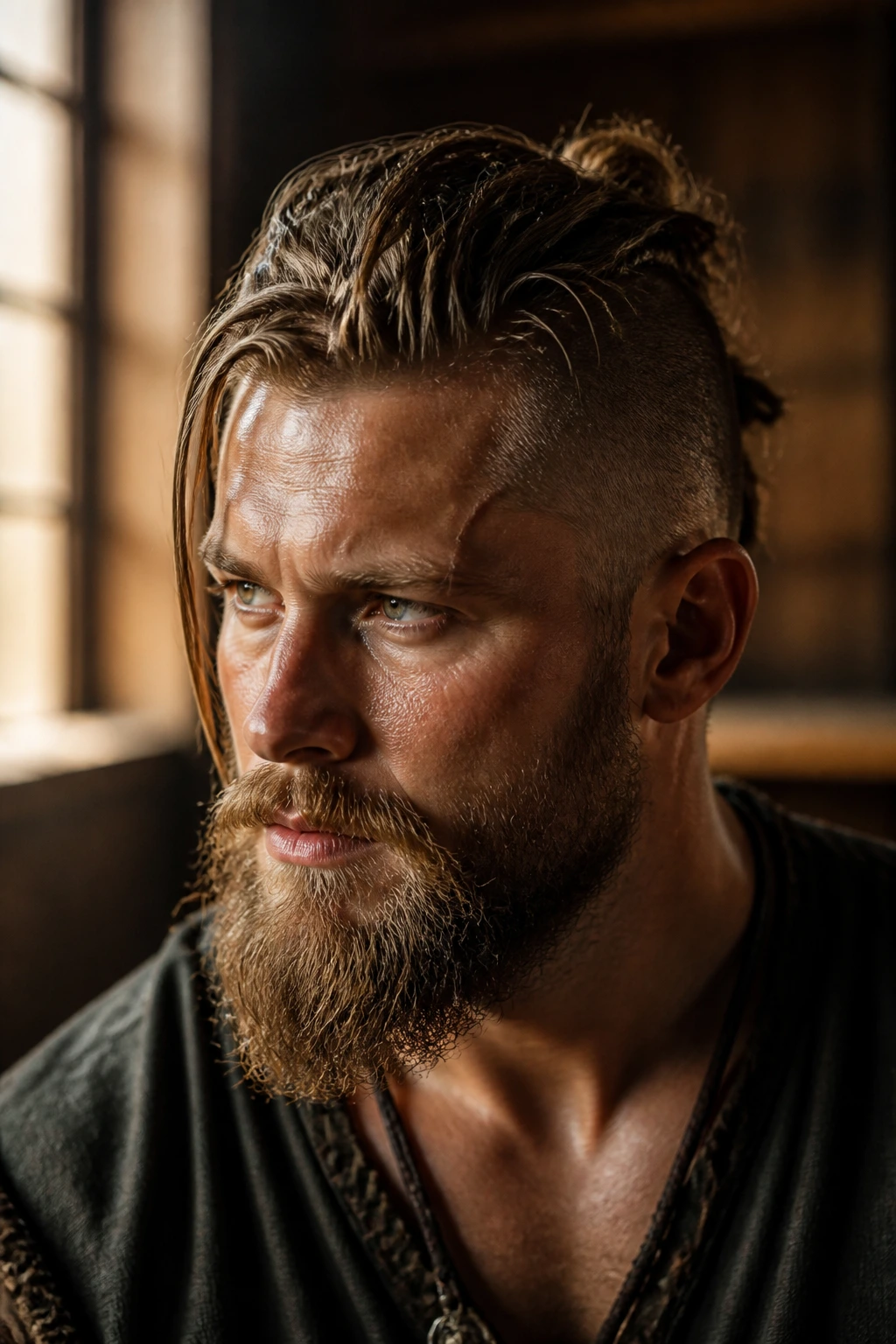 Close-up of man with textured Viking hairstyle using sea-salt spray under warm window light