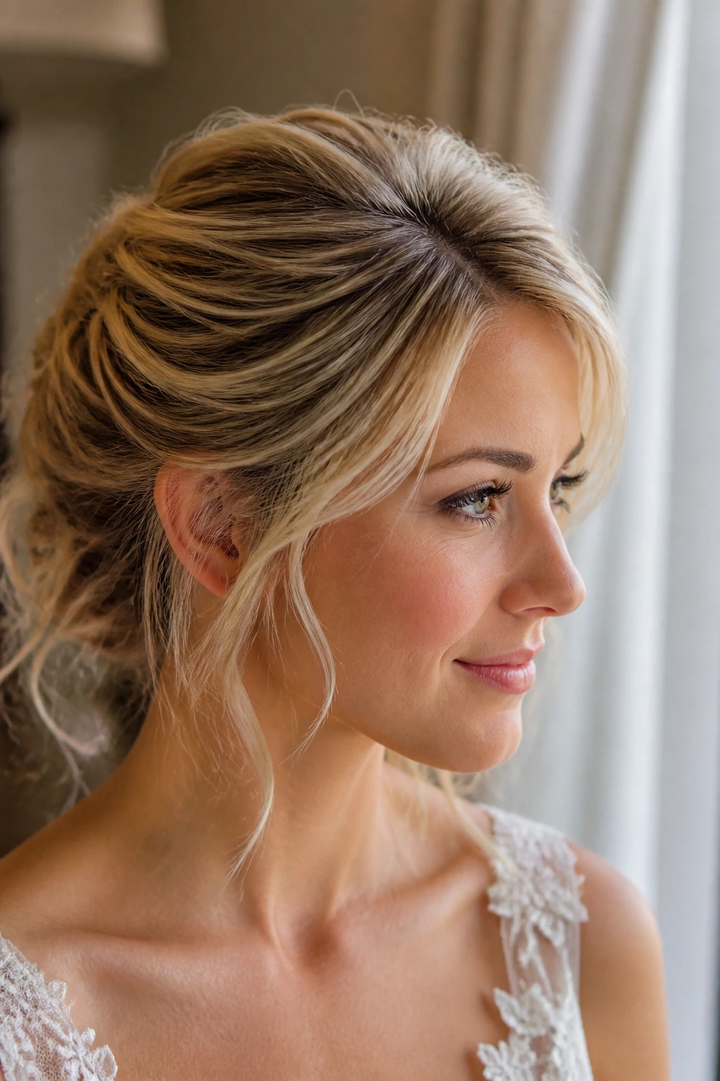 Close-up of a bride's hairstyle with added texture and shine on thin hair.