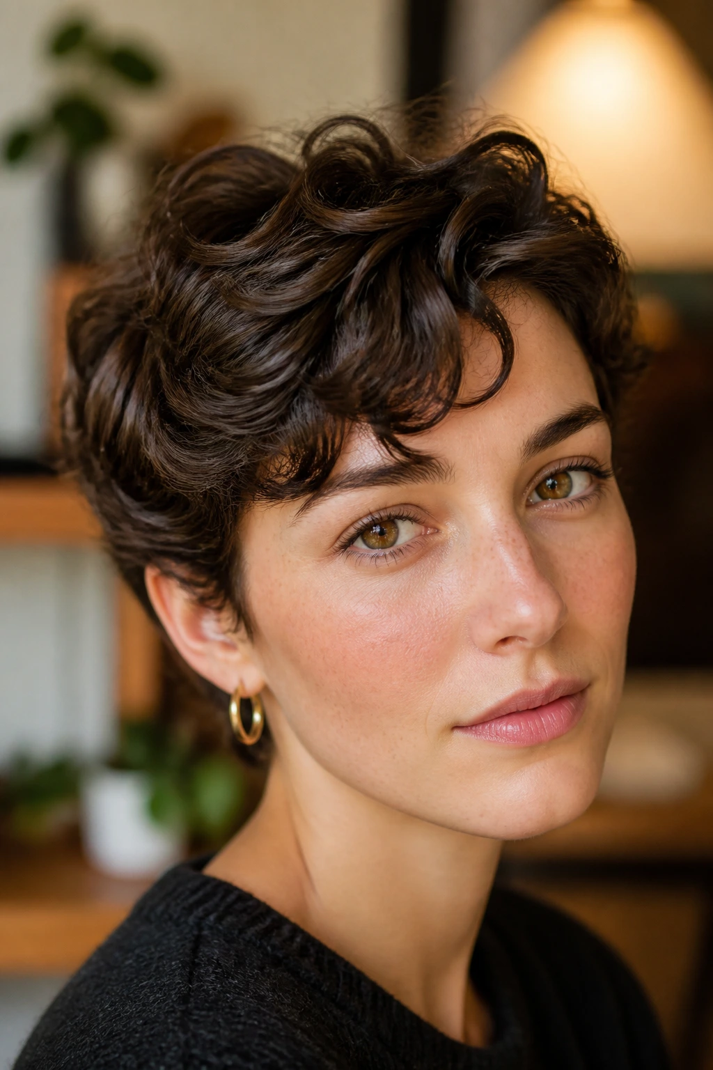 Close-up of a real person with short waves showing textured crown in cozy indoor setting