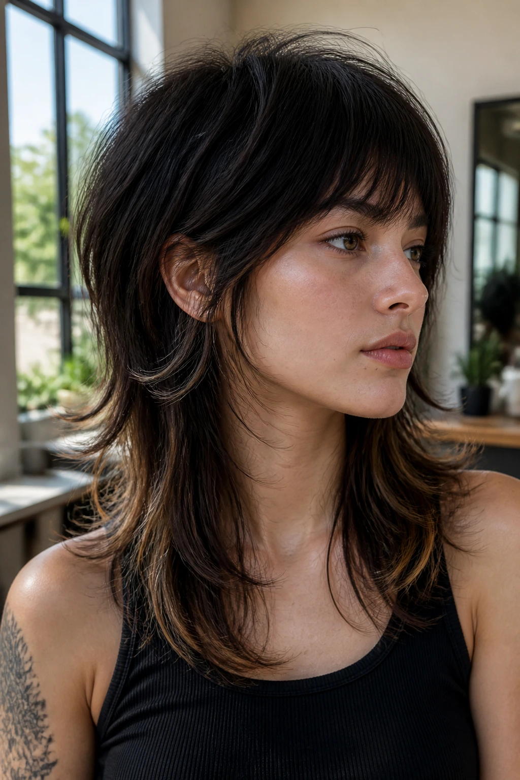 Close-up of real person with textured wolf cut showing varied lengths