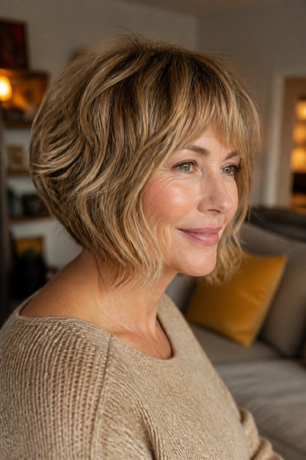 Close-up portrait of a real person with textured A-line shag hairstyle