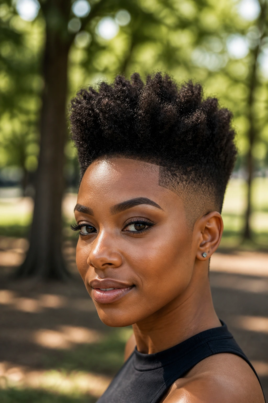 Close-up of a real Black woman with textured Afro high top fade in natural light
