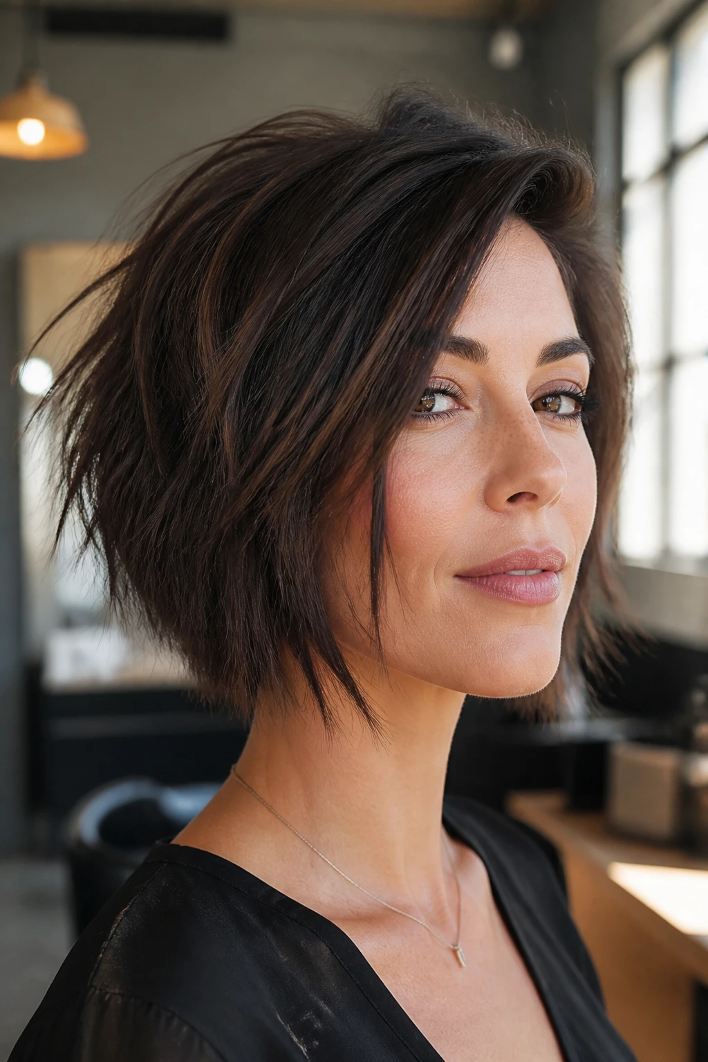 Close-up of a woman with textured choppy angled bob in a sunlit modern salon