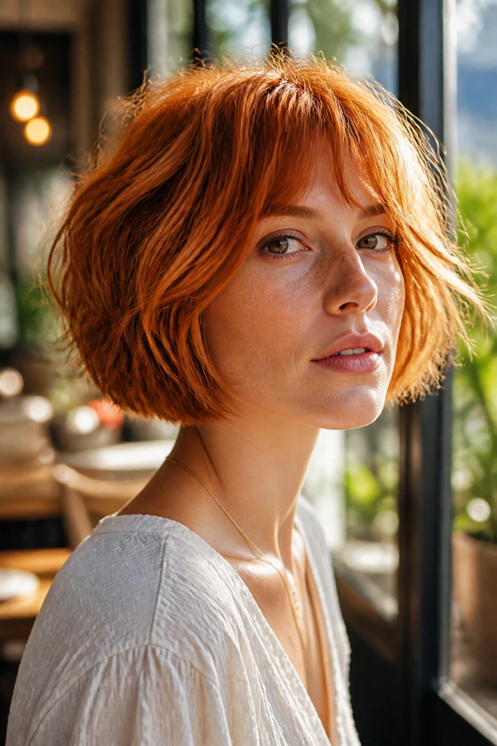 Close-up of a real woman with textured apricot copper bob in natural cafe light