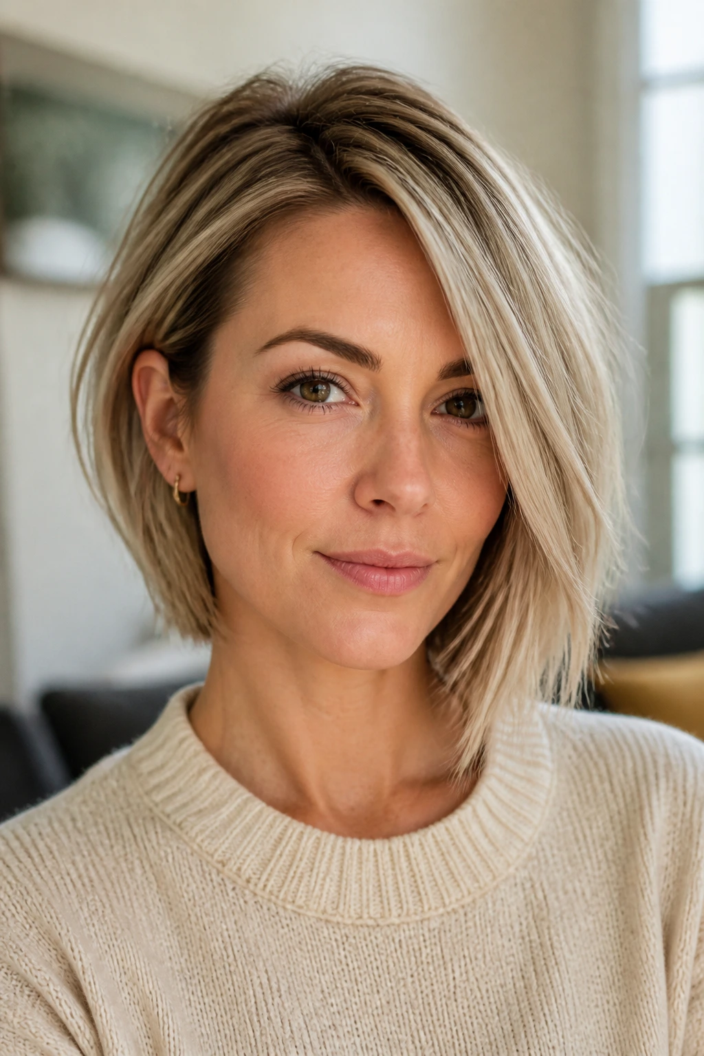 Close-up of real woman with textured asymmetrical bob for fine hair showing lift at crown