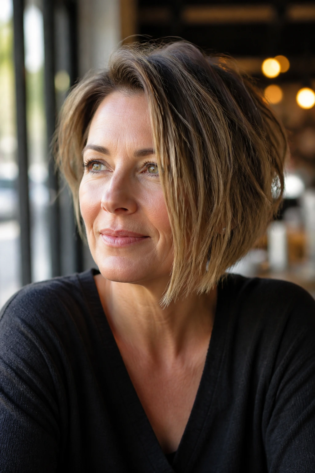 Textured asymmetrical bob on real woman in sunlit cafe setting