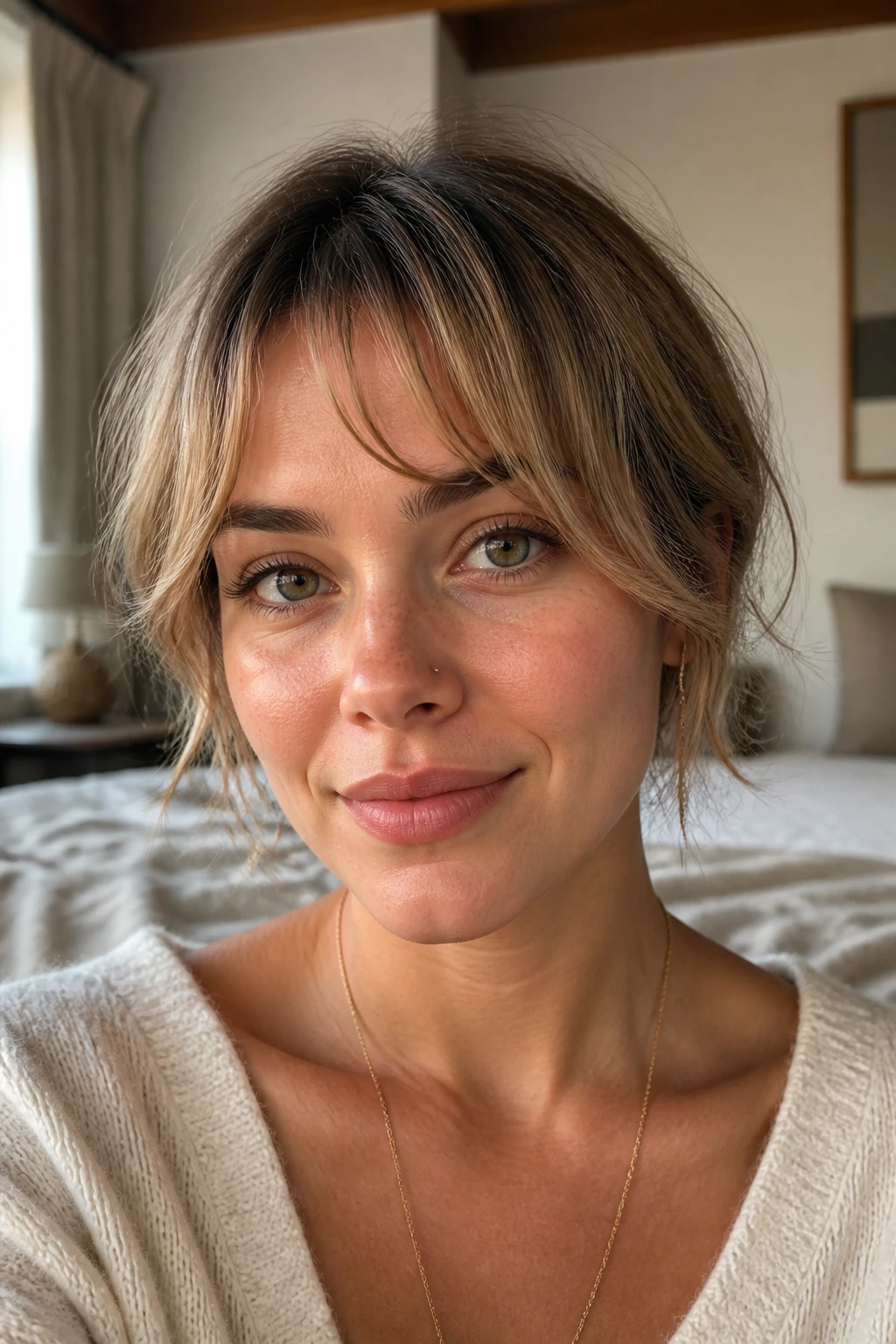 Close-up of a real person with textured baby curtain bangs in a warmly lit bedroom.