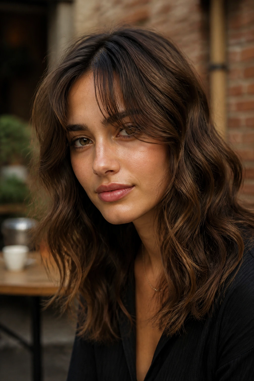 Close-up portrait of a real woman with textured split bangs and wavy hair in soft outdoor light.