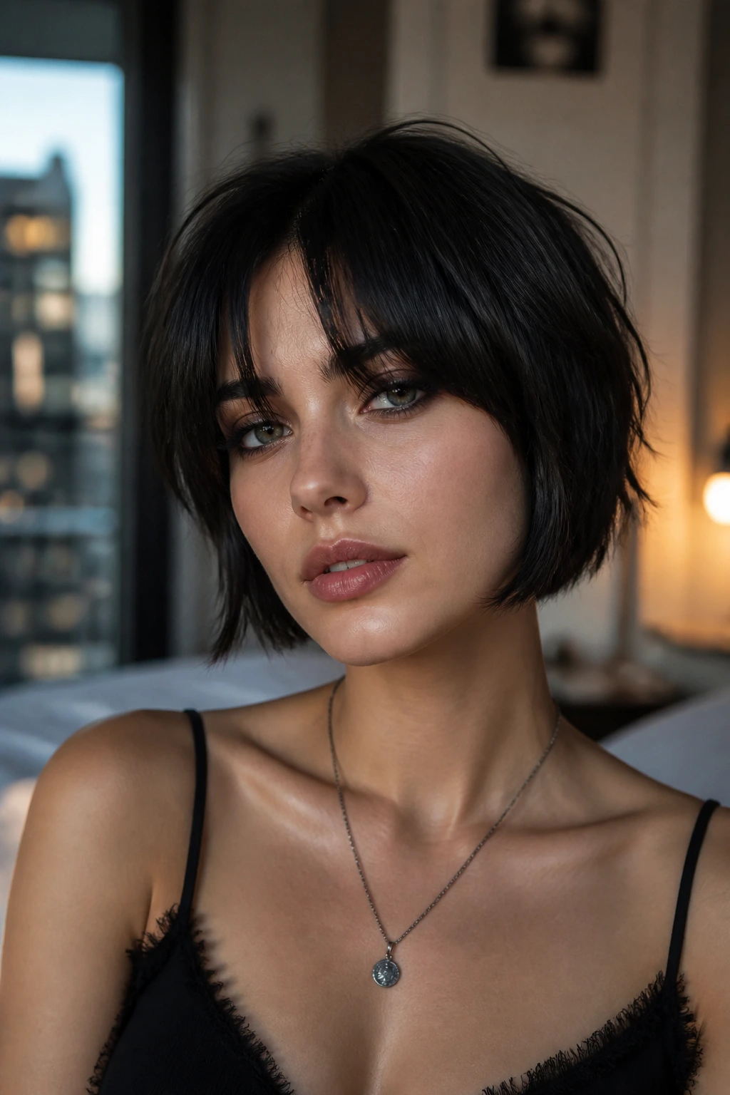Close-up portrait with textured Bardot fringe on a short goth bob in moody bedroom light