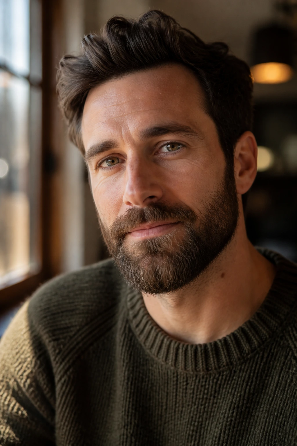 Close-up of man's textured medium beard in warm indoor light