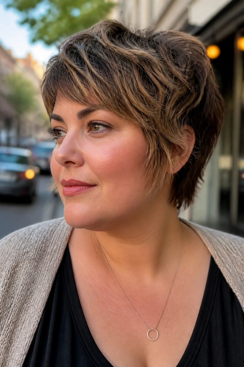 Portrait of a real woman with a textured bixie cut on an urban street