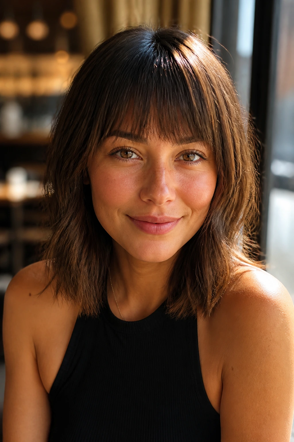 Real woman with textured blunt bangs in cafe light
