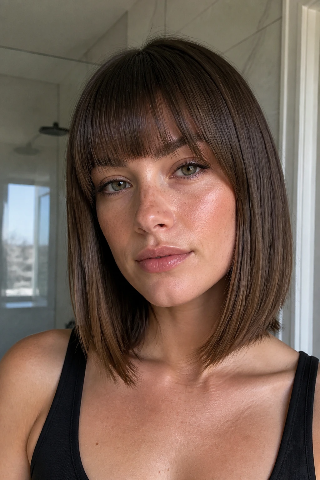 Close-up portrait of a real woman with textured blunt bangs
