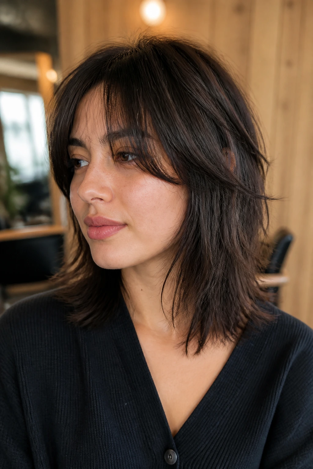 Close-up portrait of a woman with textured blunt-base shag in a salon setting