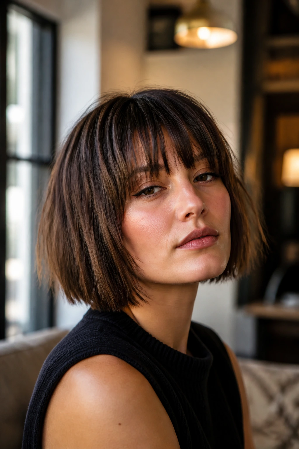 Portrait of a person with textured blunt bob and choppy fringe