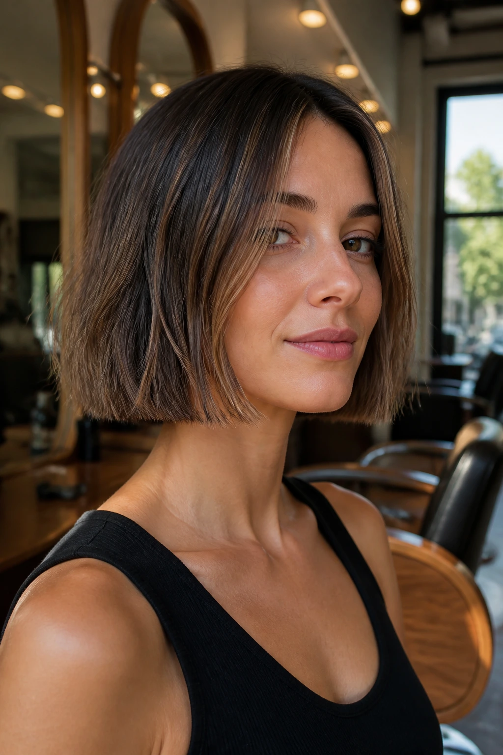 Close-up portrait of a woman with a textured blunt bob in a salon