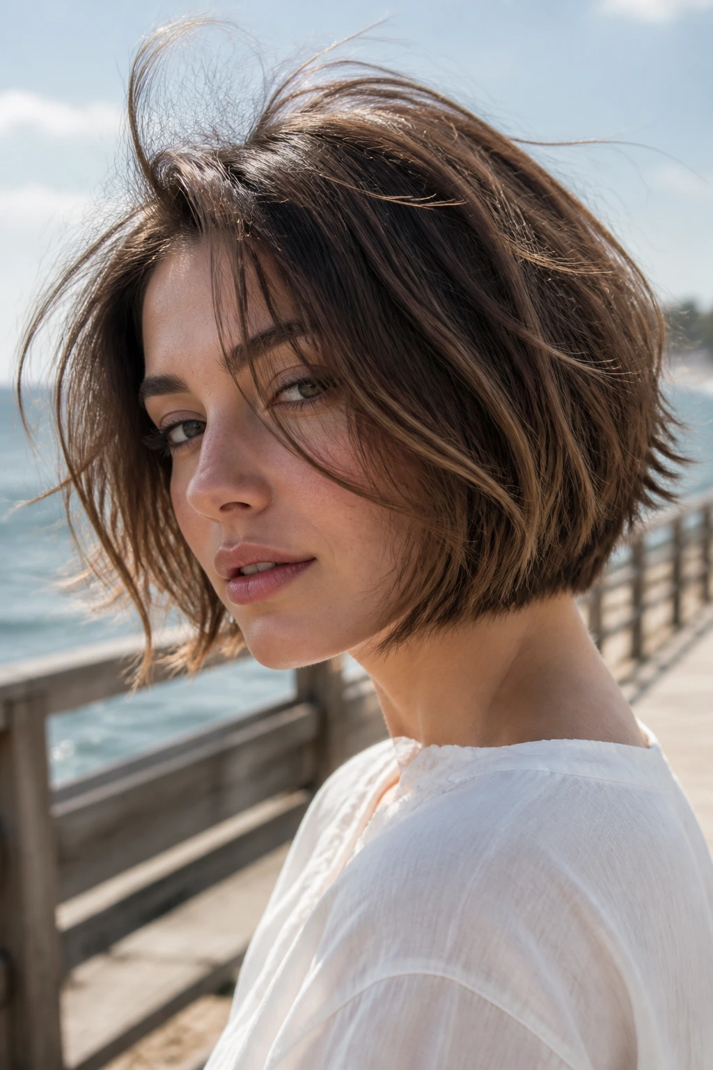 Real woman with textured bob and airy ends on a seaside boardwalk