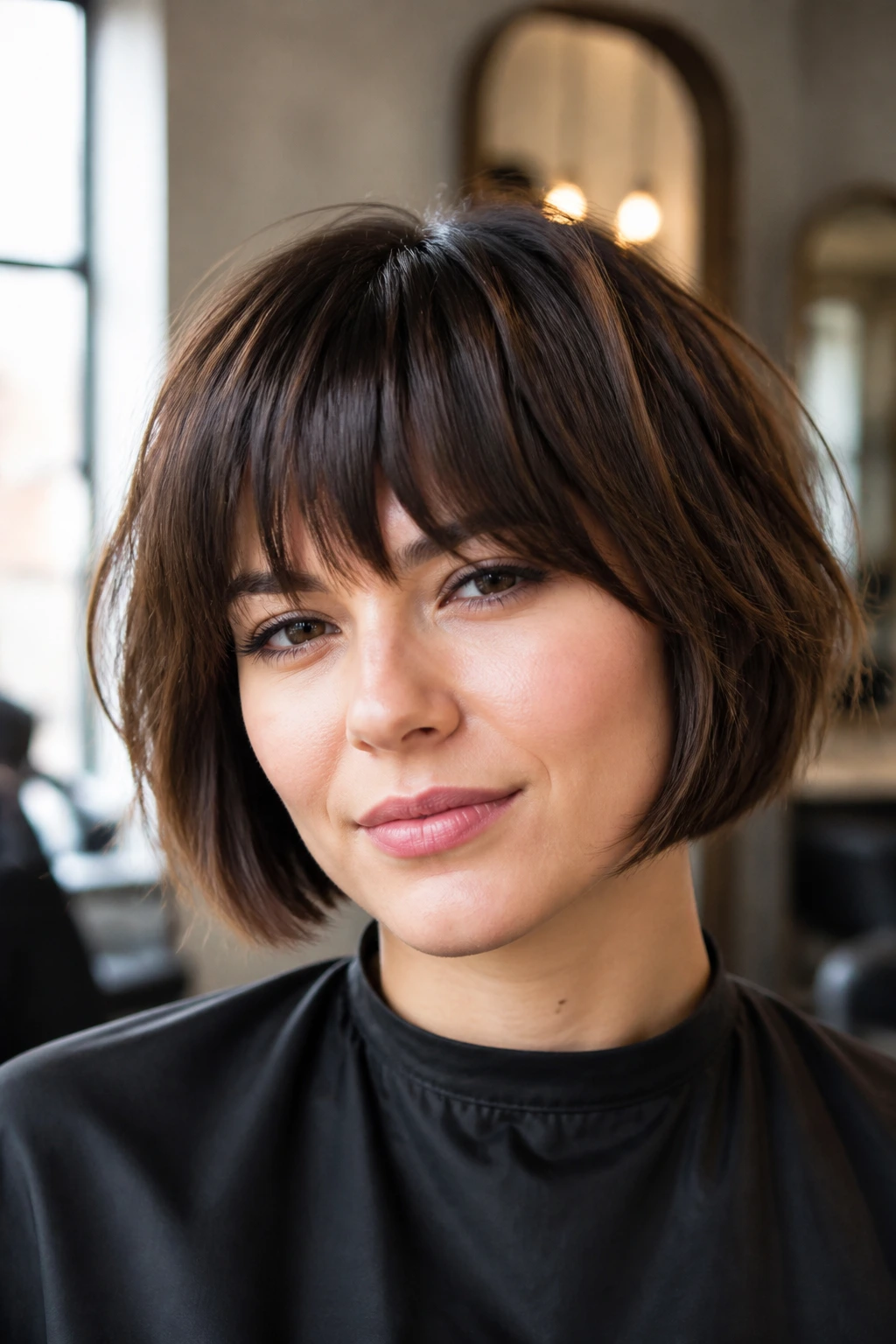 Close-up of a real woman with textured bob bangs in a salon setting