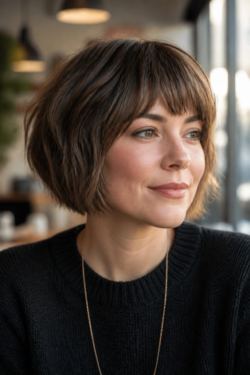 Close-up portrait of a real person with textured bob bangs
