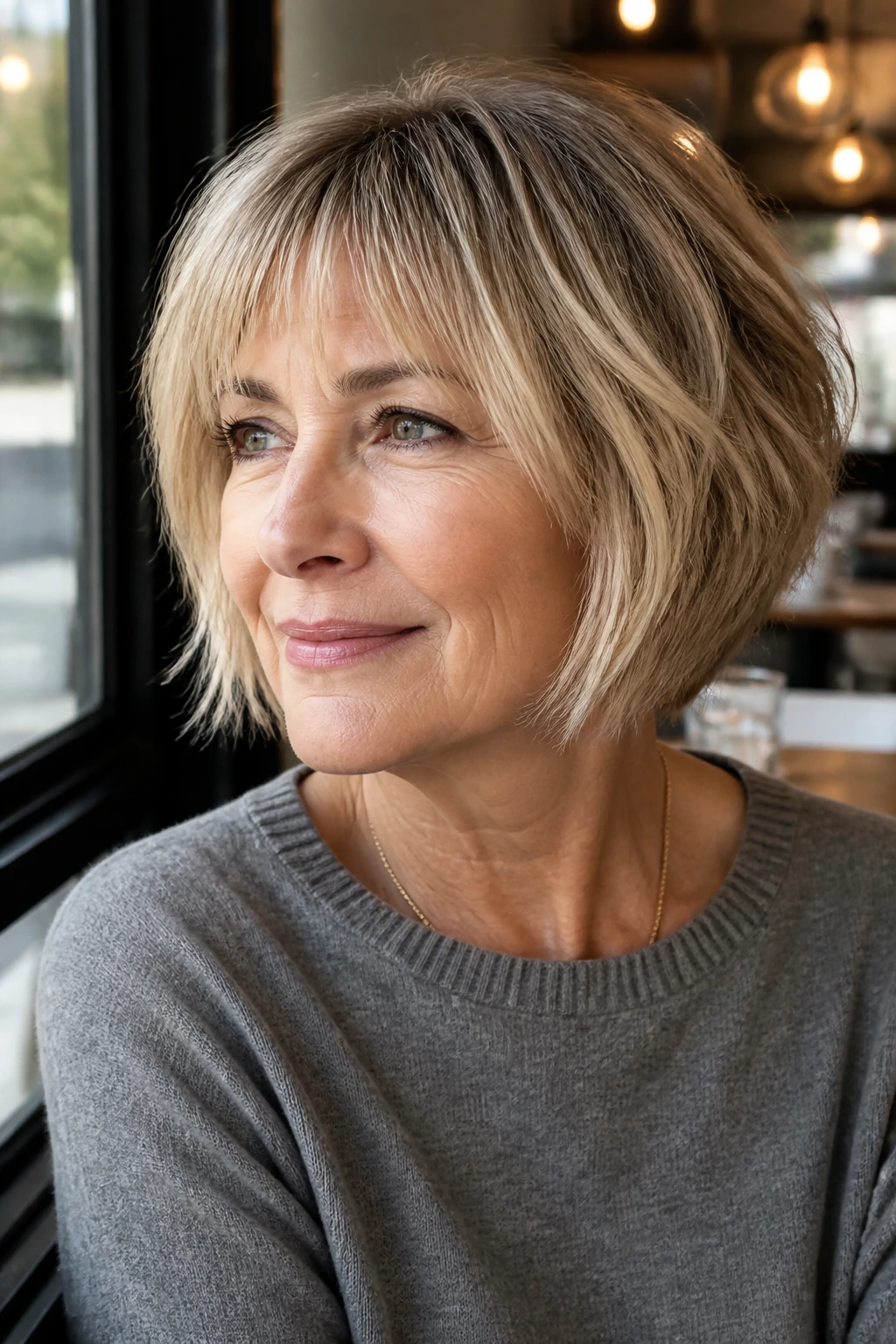 Medium close-up of a real woman with textured bob bangs by a sunlit cafe window