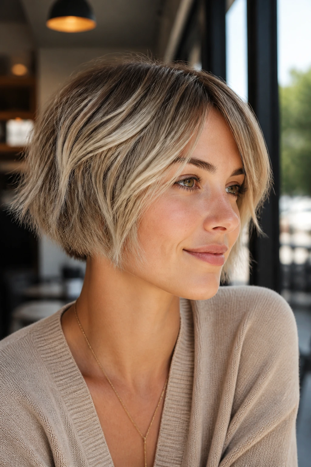 Close-up portrait of a real woman with textured French bob beige balayage in bright natural light