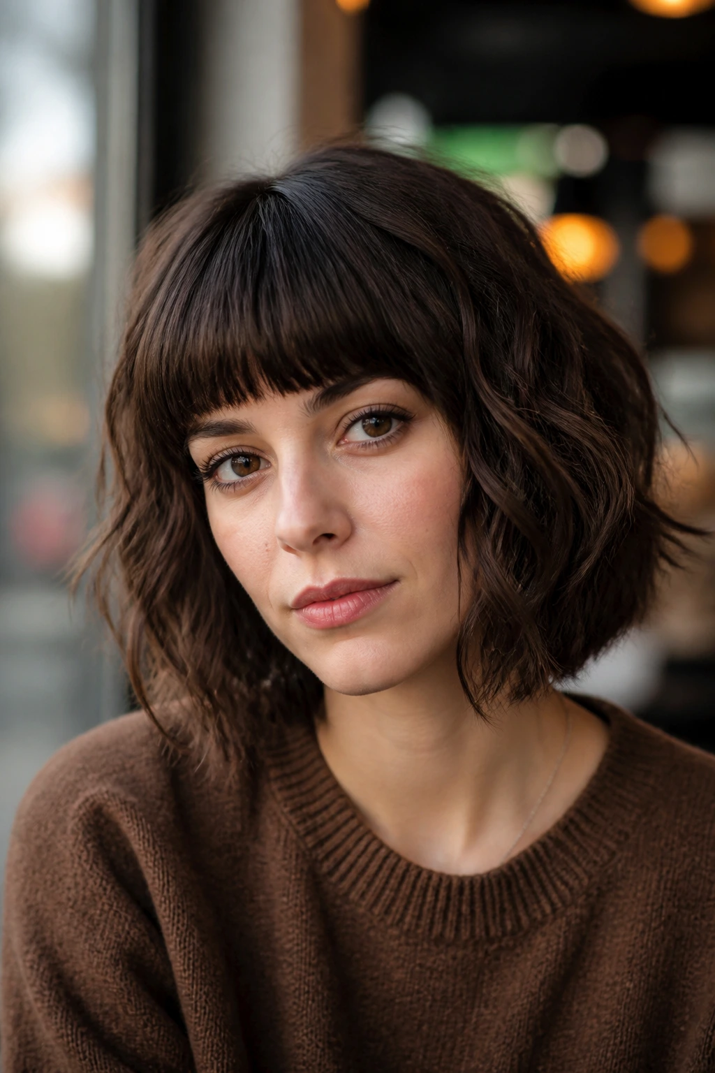 Brunette woman with heavy-textured wavy bob and blunt bangs