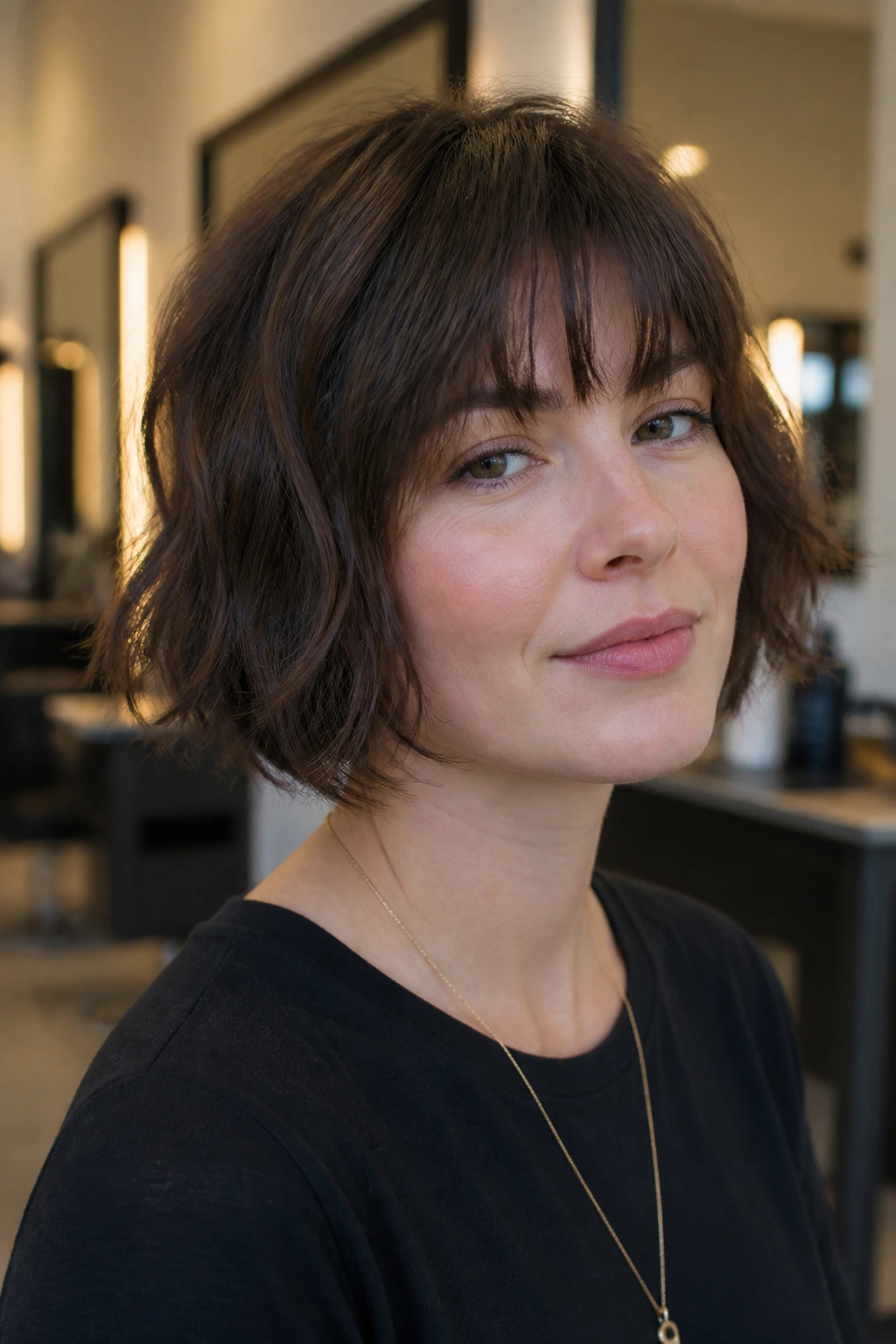 Close-up portrait of a real woman with texture-heavy bob and brow-grazing fringe in a salon