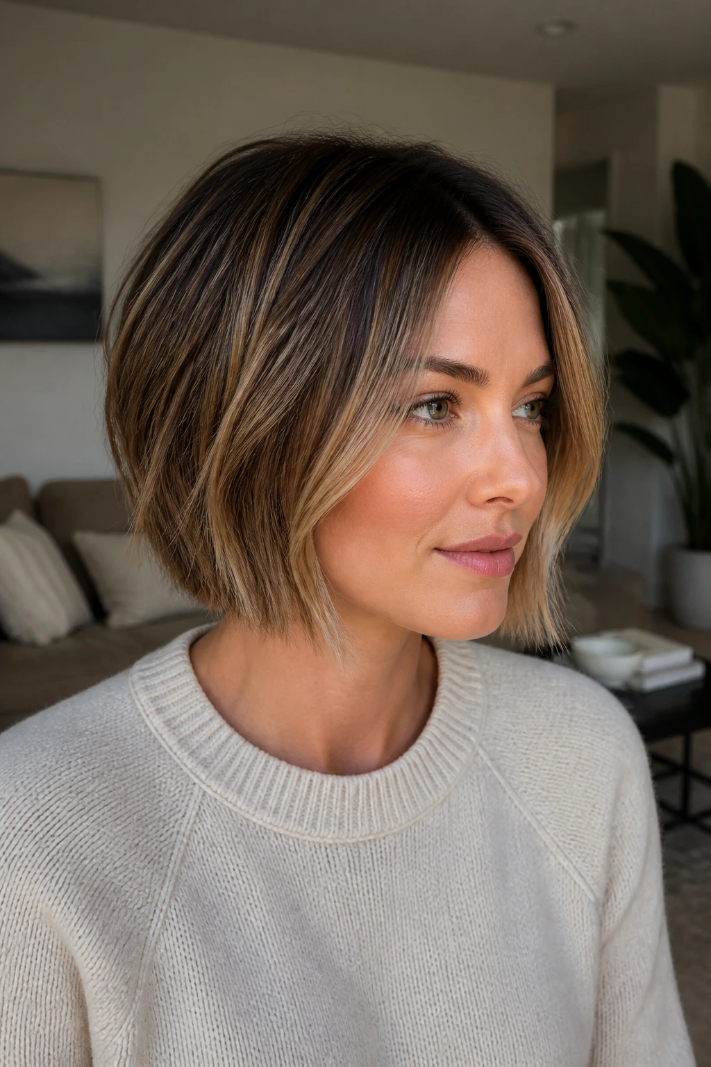 Close-up of a real woman with a textured bob and hidden layers.