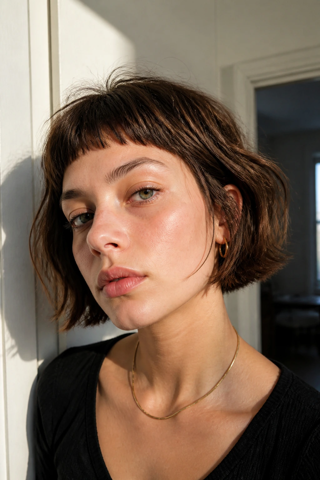 Close-up portrait of a real person with a textured French bob and micro fringe