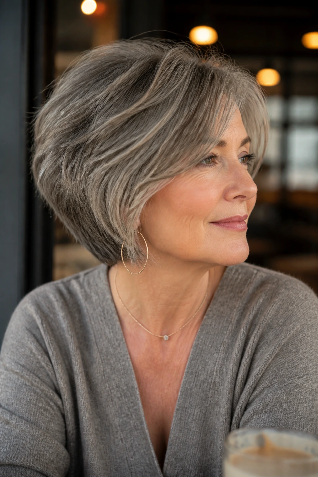 Portrait of a woman with a textured bob in cafe light