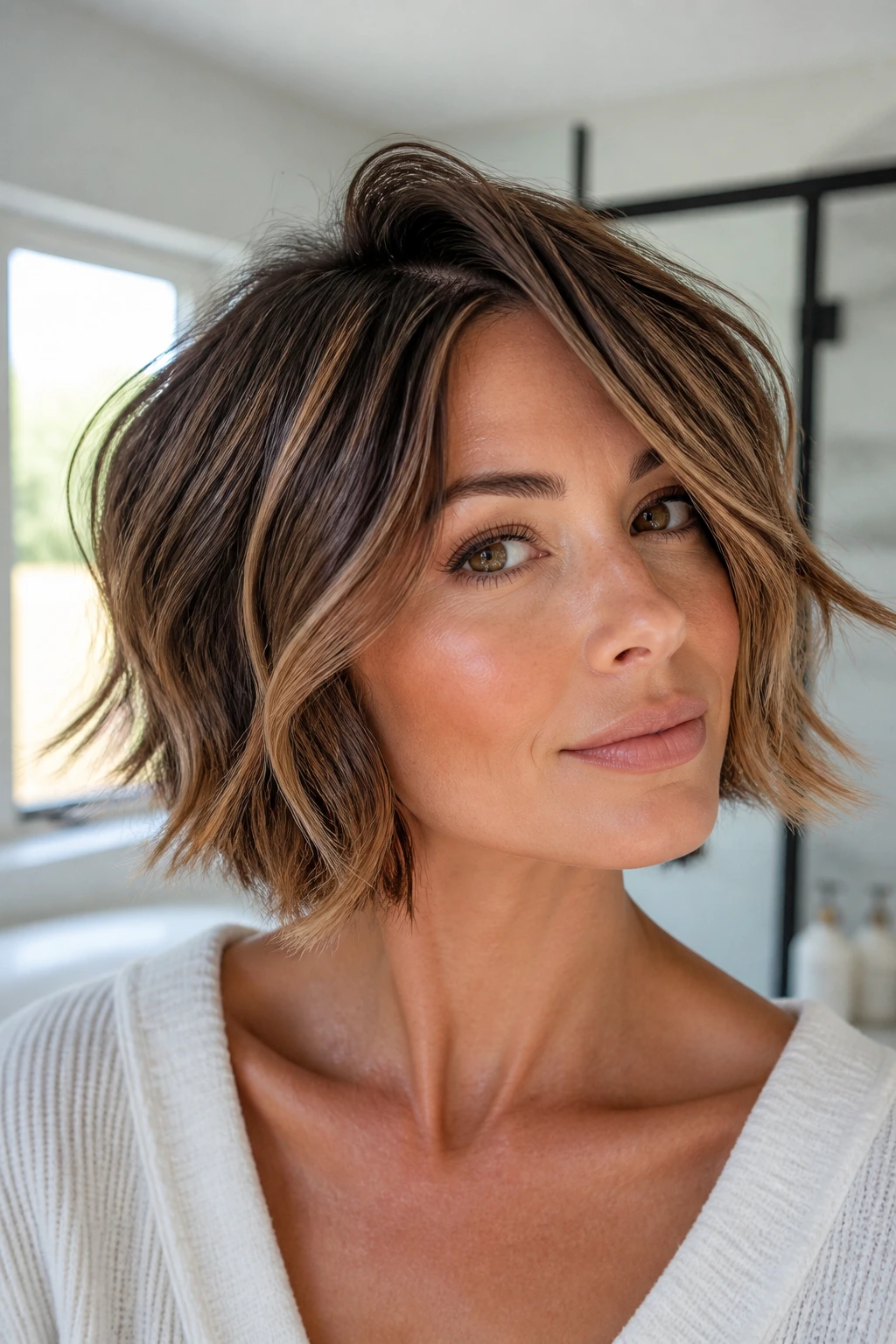 Close-up of a real woman with a textured bob showing crown lift and separated ends in a bright bathroom.