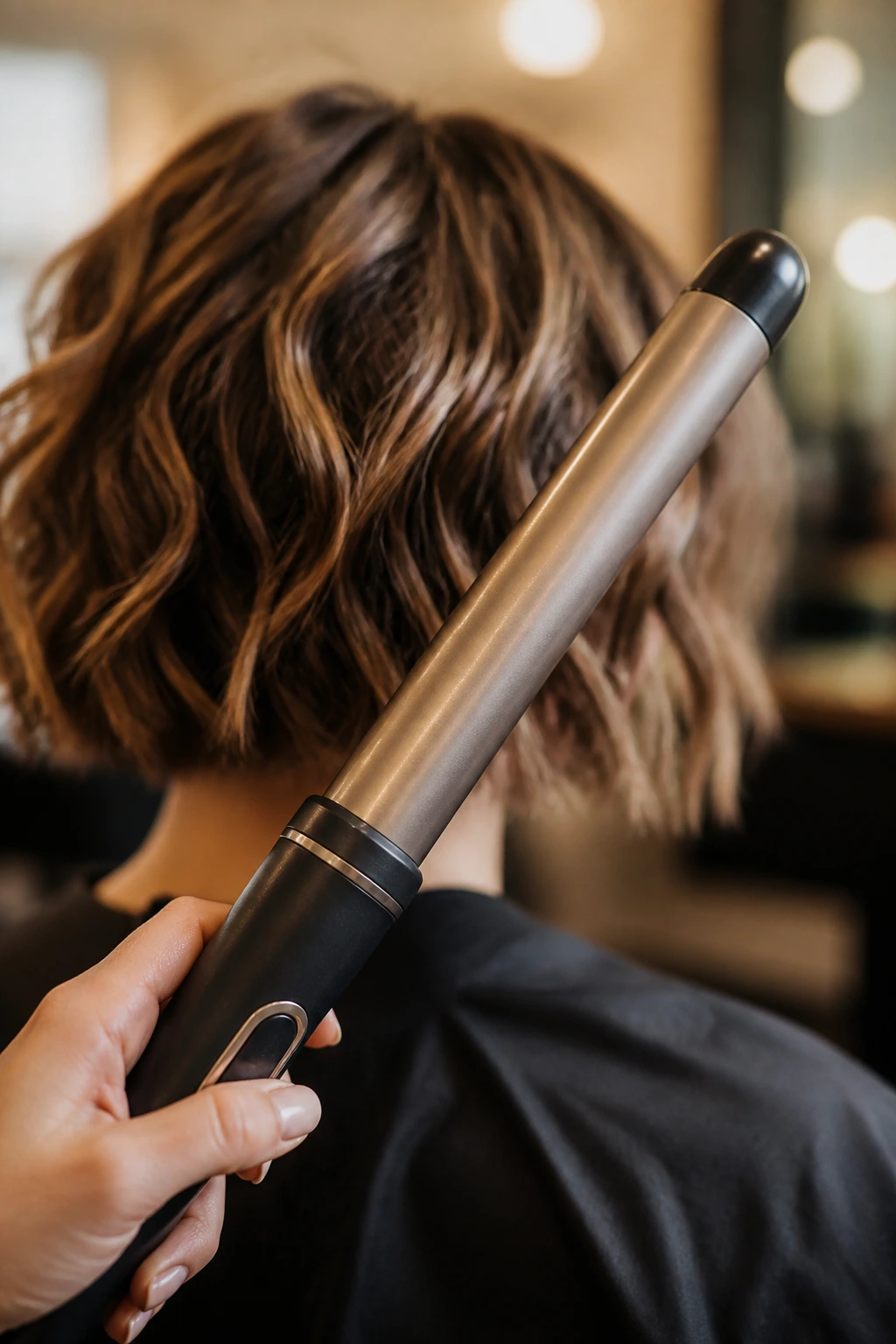 Close-up of a curling wand with hair texture blurred in a salon background