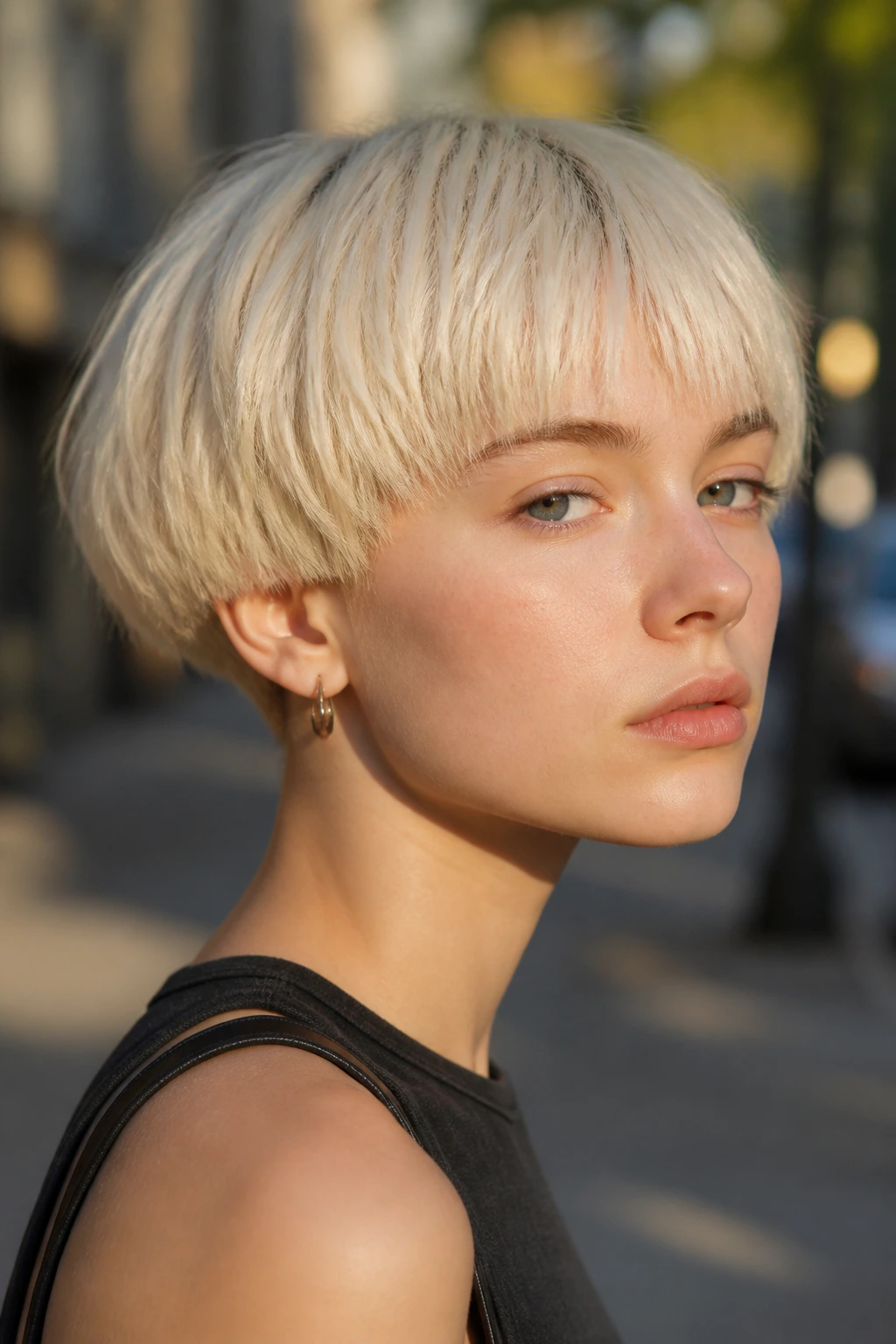 Close-up of textured bowl cut on a real person with warm lighting