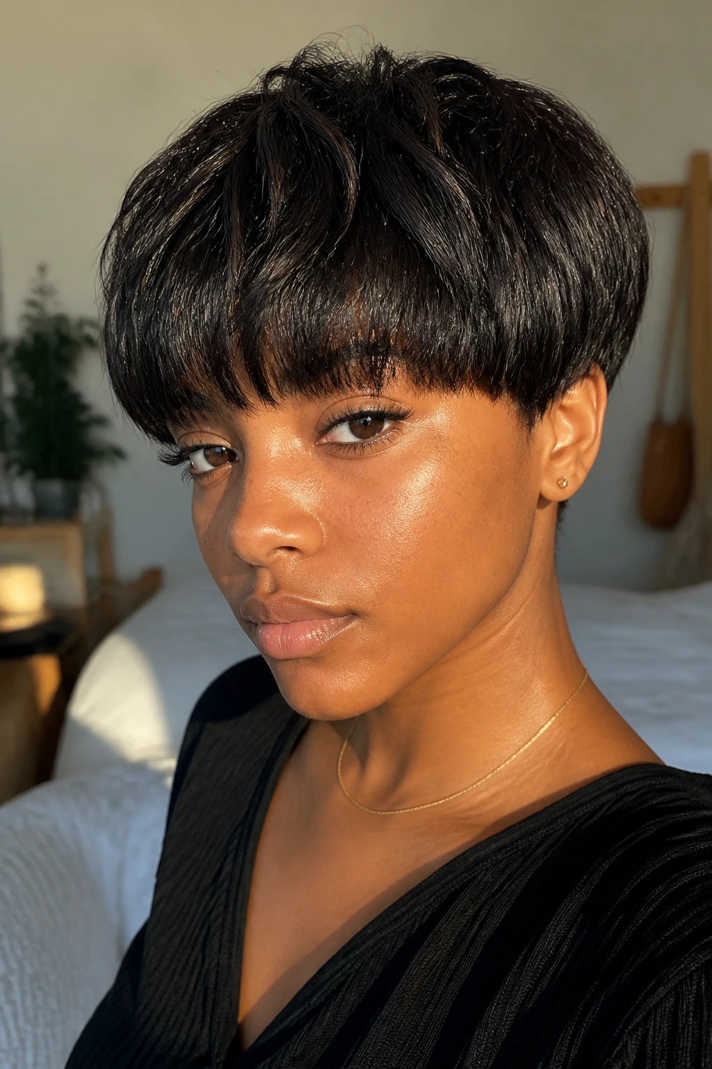 Close-up portrait of a Black woman with a textured bowl cut in warm window light