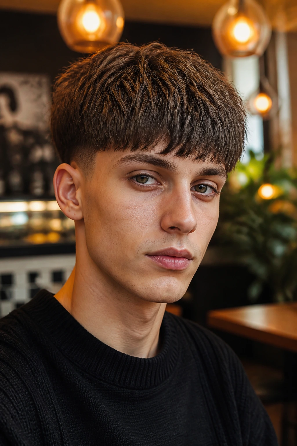 Portrait of a real person with a textured bowl cut and crisp fringe