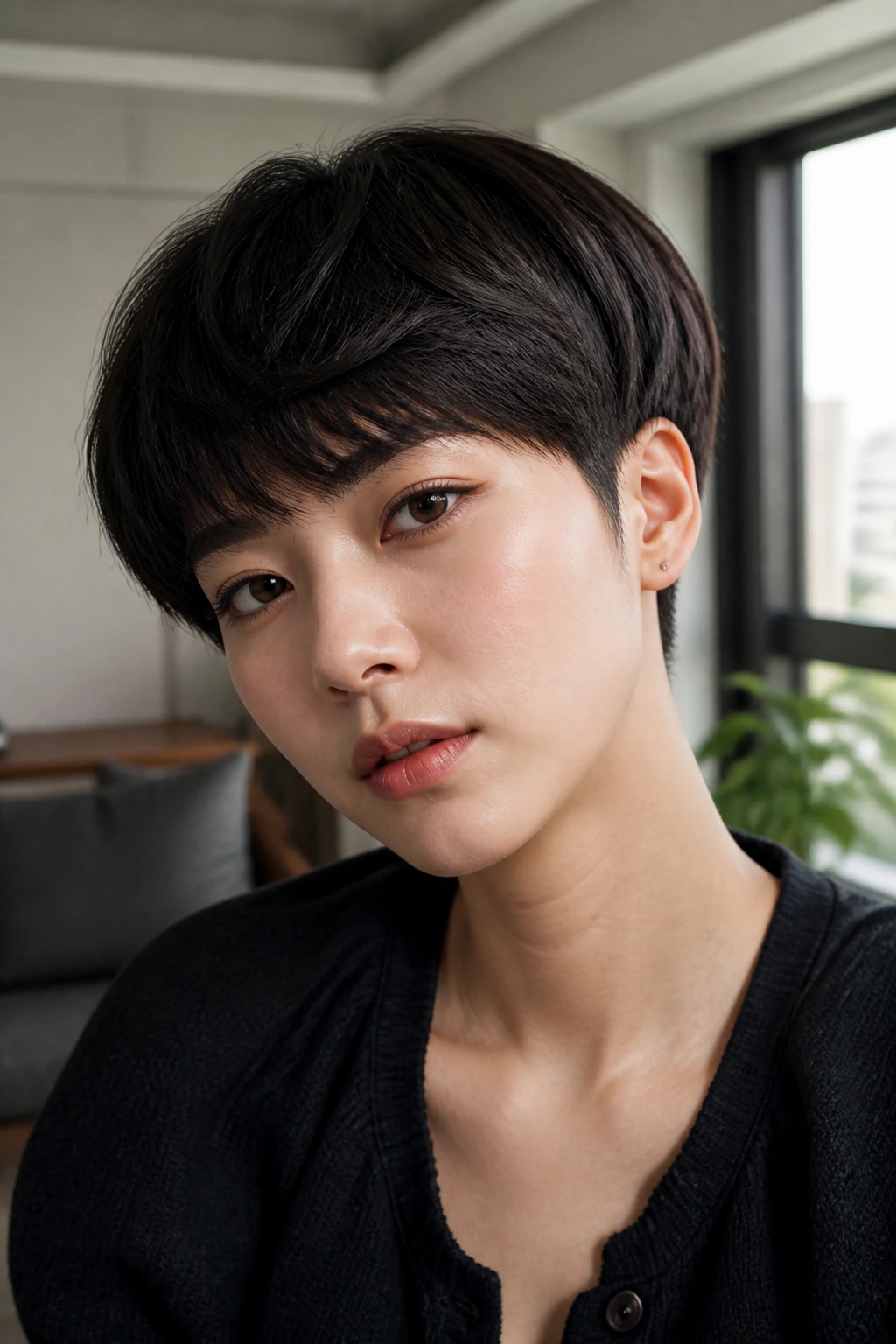 Close-up of a woman with a textured bowl-cut remix in a living room