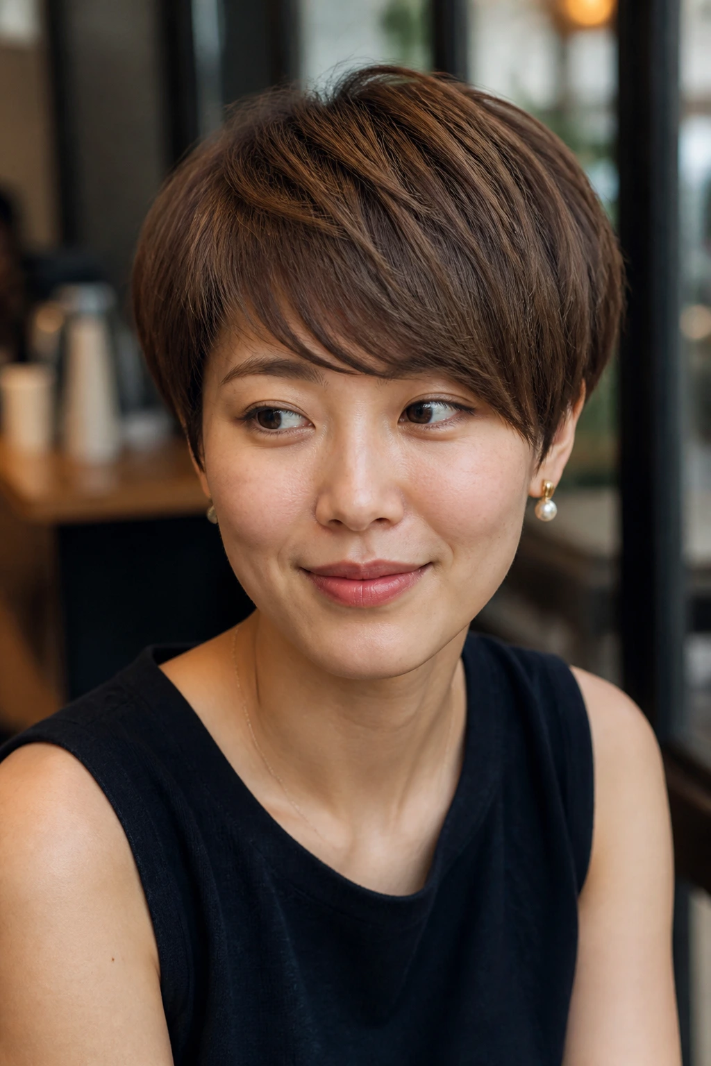 Close-up of textured bowl cut with side bangs on a real person