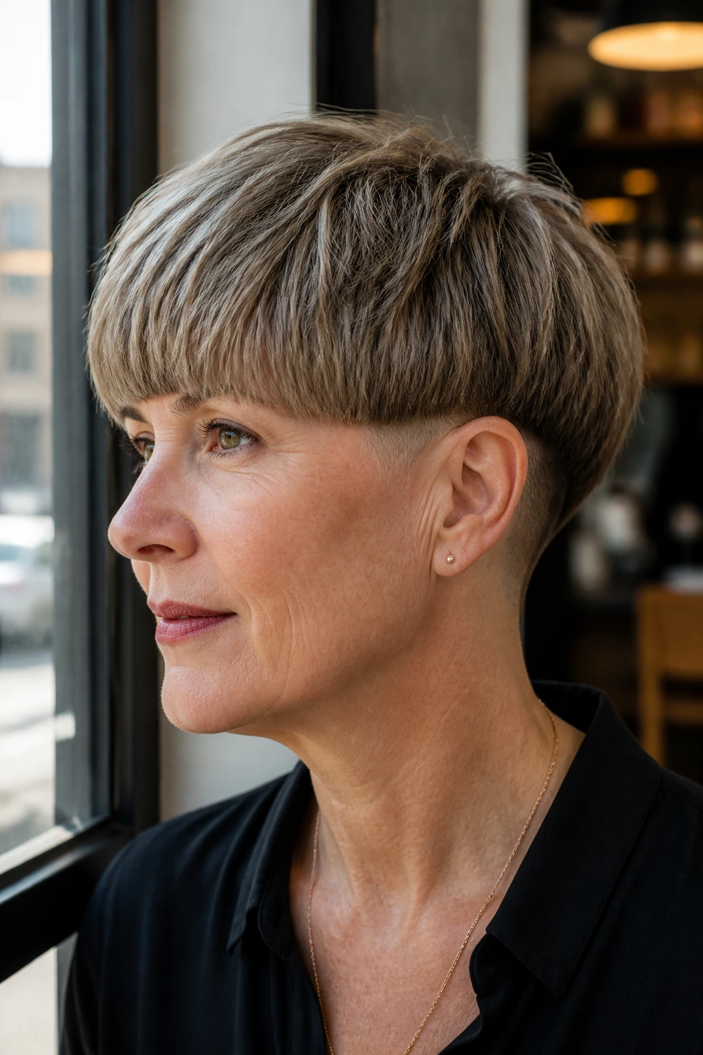 Close-up portrait of a real woman with a textured bowl cut and undercut at the nape in an urban cafe