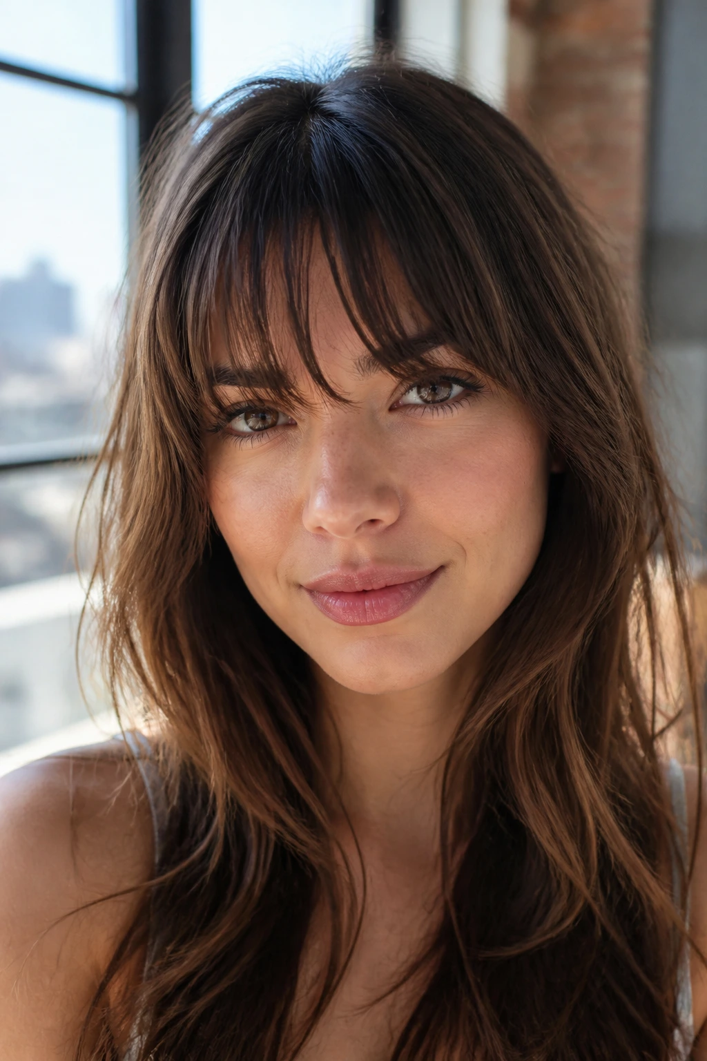 Close-up of a real woman with textured brow-grazing bangs