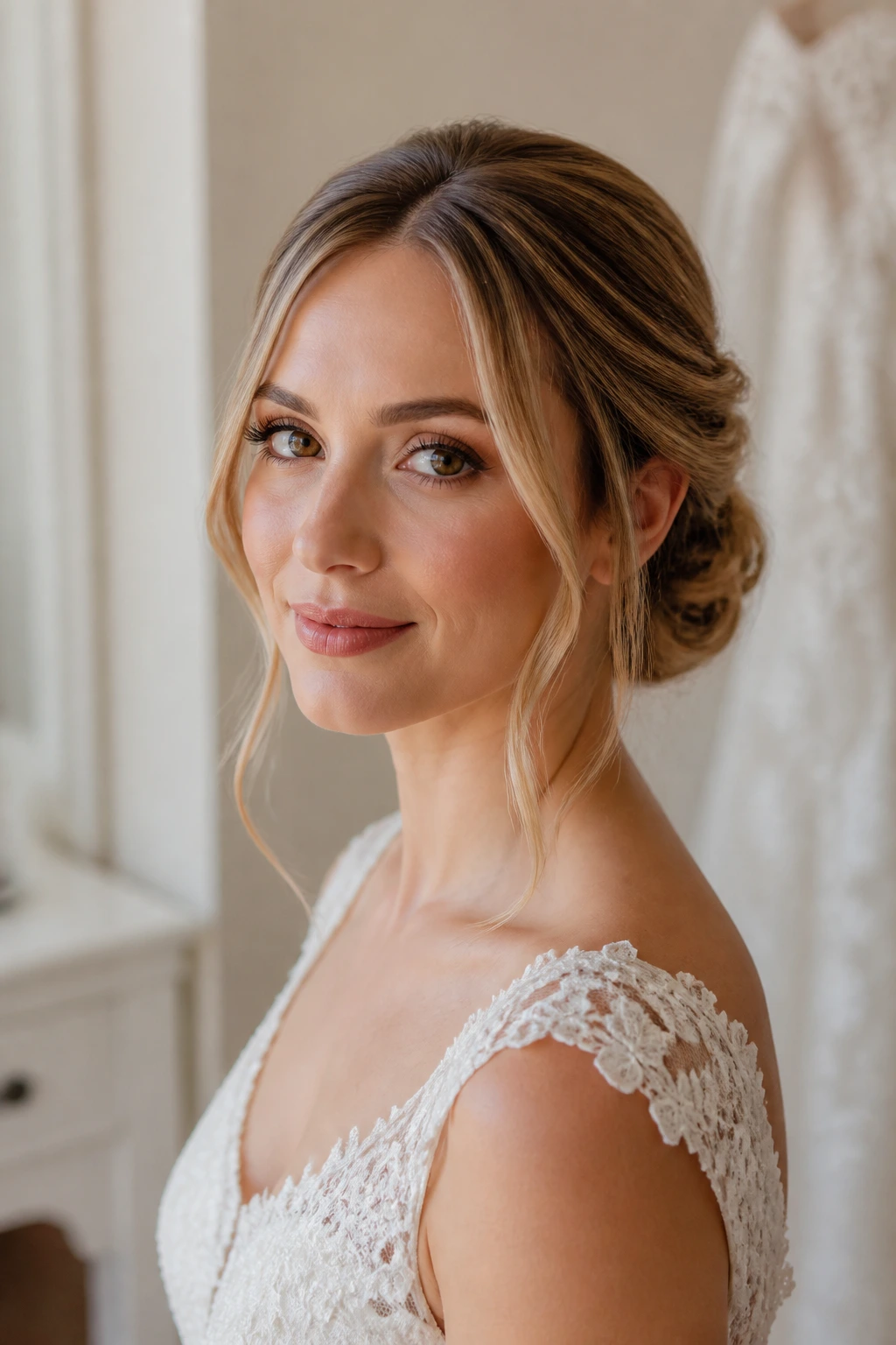 Close-up of a bride's textured low bun with face-framing pieces in warm window light