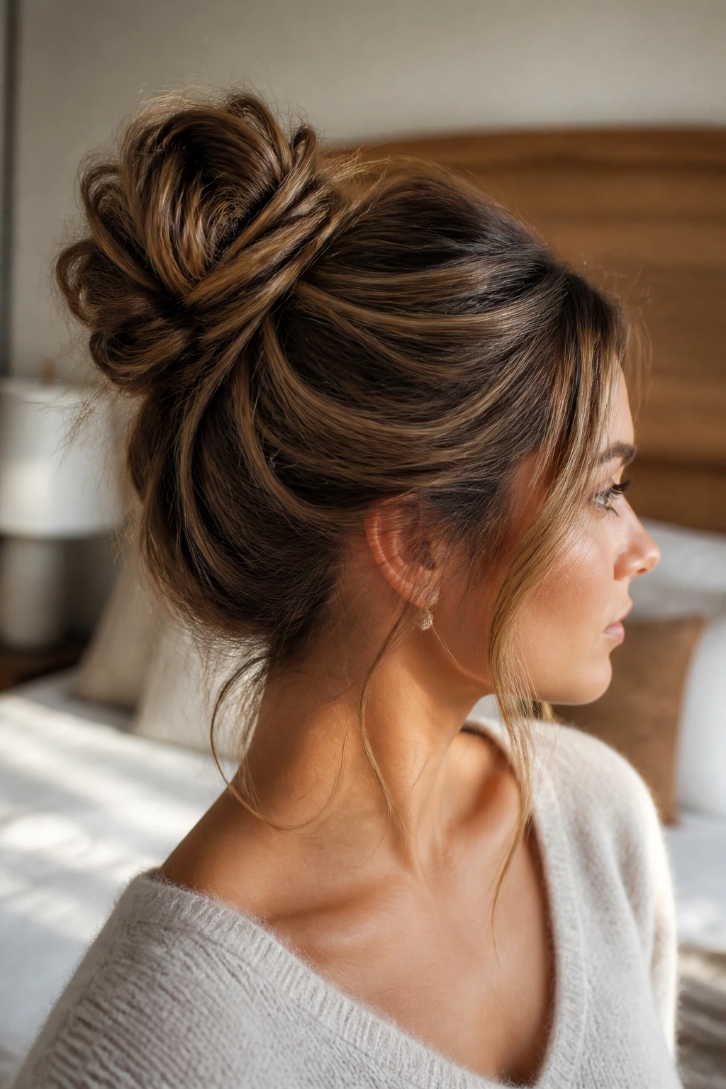 Close-up of a real woman's textured bun with face-framing pieces in warm window light